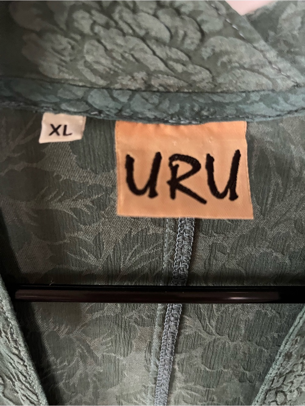 URU szXL Vintage-Style Textured 100% Silk Dark Green Button Front Dress/Duster - Picture 2 of 8